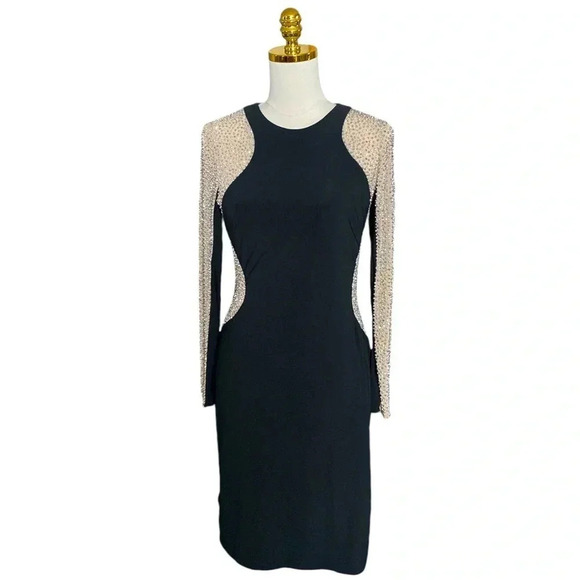 XSCAPE | Crystals Embellished Mesh-Trimmed Sheath Black Evening Dress Size 10 - Picture 3 of 14